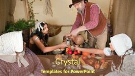  Presentation with pilgrim - Presentation theme consisting of reenactment scene of the first thanksgiving dinner in plymouth in 1621 with a pilgrim family and a wampanoag indian background and a tawny brown colored foreground
