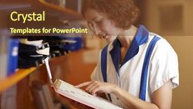  Presentation with pharmacist - Presentation theme with reference books - female pharmacist reading background and a tawny brown colored foreground