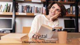  Presentation with girl reading - Presentation consisting of reference books - happy young student girl studying background and a coral colored foreground