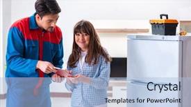  Presentation with customer verification - Audience pleasing presentation design consisting of refigeration engineering - man repairing fridge with customer backdrop and a light blue colored foreground