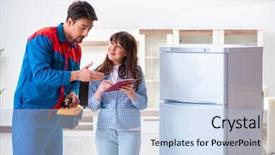  Presentation with customer solutions - Slide deck enhanced with refigeration engineering - man repairing fridge with customer background and a light blue colored foreground