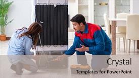  Presentation with customer solutions - Cool new slides with refigeration engineering - man repairing fridge with customer backdrop and a light gray colored foreground