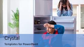  Presentation with fridge - Slide deck consisting of refigeration engineering - man repairing fridge with customer background and a  colored foreground