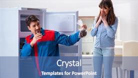  Presentation with fridge - PPT layouts with refigeration engineering - man repairing fridge with customer background and a  colored foreground