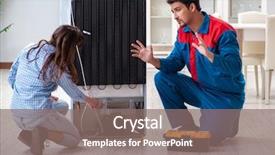  Presentation with customer complaints - Presentation design having refigeration engineering - man repairing fridge with customer background and a gray colored foreground