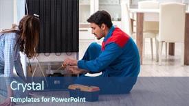  Presentation with fridge - Beautiful slides featuring refigeration engineering - man repairing fridge with customer backdrop and a ocean colored foreground