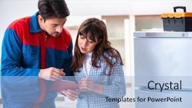  Presentation with understanding customer - Theme enhanced with refigeration engineering - man repairing fridge with customer background and a light blue colored foreground