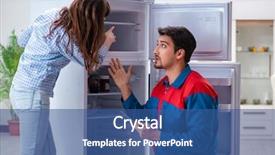  Presentation with customer complaints - PPT theme having refigeration engineering - man repairing fridge with customer background and a ocean colored foreground