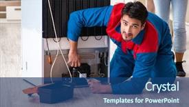  Presentation with fridge - Slide deck enhanced with refigeration engineering - man repairing fridge with customer background and a ocean colored foreground