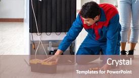  Presentation with fridge - PPT layouts featuring refigeration engineering - man repairing fridge with customer background and a coral colored foreground