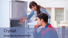  Presentation with fridge - Presentation theme having refigeration engineering - man repairing fridge with customer background and a teal colored foreground