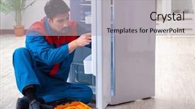  Presentation with fridge - Theme featuring refigeration engineering - professional contractor repairing broken fridge background and a  colored foreground
