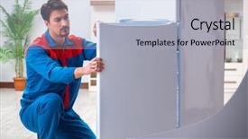  Presentation with fridge - Cool new slide set with refigeration engineering - professional contractor repairing broken fridge backdrop and a  colored foreground