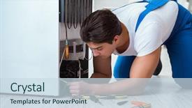  Presentation with fridge - Colorful PPT layouts enhanced with refigeration engineering - repairman contractor repairing fridge backdrop and a sky blue colored foreground