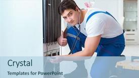  Presentation with fridge - PPT theme consisting of refigeration engineering - repairman contractor repairing fridge background and a light blue colored foreground