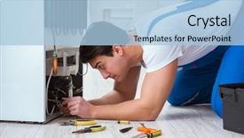  Presentation with diy - Audience pleasing PPT theme consisting of refigeration engineering - repairman contractor repairing fridge backdrop and a light blue colored foreground