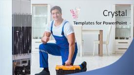  Presentation with fridge - Cool new theme with refigeration engineering - repairman contractor repairing fridge backdrop and a sky blue colored foreground