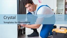  Presentation with fridge - Cool new PPT layouts with refigeration engineering - repairman contractor repairing fridge backdrop and a light blue colored foreground