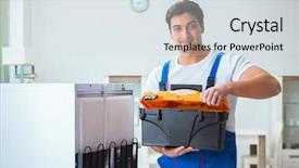  Presentation with diy - Beautiful PPT theme featuring refigeration engineering - repairman contractor repairing fridge backdrop and a  colored foreground