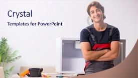  Presentation with fridge - Colorful PPT theme enhanced with refigeration engineering - young handsome contractor repairing fridge backdrop and a sky blue colored foreground