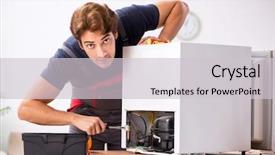  Presentation with fridge - PPT layouts enhanced with refigeration engineering - young handsome contractor repairing fridge background and a light gray colored foreground