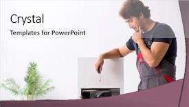  Presentation with civil contractor - Amazing presentation design having refigeration engineering - young handsome contractor repairing fridge backdrop and a pink colored foreground