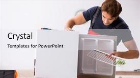 Presentation with civil contractor - Presentation design with refigeration engineering - young handsome contractor repairing fridge background and a white colored foreground