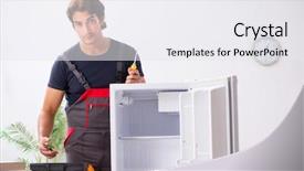  Presentation with fridge - Presentation theme featuring refigeration engineering - young handsome contractor repairing fridge background and a  colored foreground
