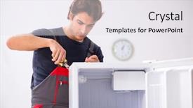  Presentation with civil contractor - Beautiful slide set featuring refigeration engineering - young handsome contractor repairing fridge backdrop and a  colored foreground