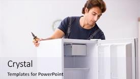  Presentation with civil contractor - Colorful presentation enhanced with refigeration engineering - young handsome contractor repairing fridge backdrop and a lemonade colored foreground