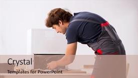  Presentation with civil contractor - Cool new slide deck with refigeration engineering - young handsome contractor repairing fridge backdrop and a  colored foreground