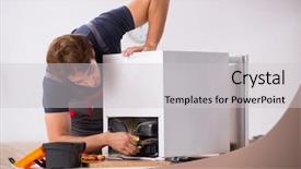  Presentation with civil contractor - Presentation featuring refigeration engineering - young handsome contractor repairing fridge background and a  colored foreground