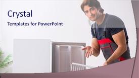  Presentation with fridge - Amazing PPT theme having refigeration engineering - young handsome contractor repairing fridge backdrop and a  colored foreground