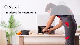  Presentation with fridge - Slide set consisting of refigeration engineering - young handsome contractor repairing fridge background and a  colored foreground