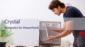  Presentation with civil contractor - Beautiful slide set featuring refigeration engineering - young handsome contractor repairing fridge backdrop and a  colored foreground