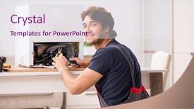  Presentation with fridge - PPT layouts having refigeration engineering - young handsome contractor repairing fridge background and a  colored foreground