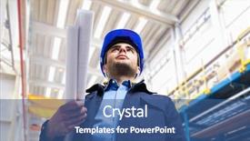  Presentation with steel factory - PPT theme enhanced with steel workers - portrait of an industrial worker background and a ocean colored foreground