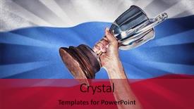  Presentation with trophy award hand holding - PPT theme with reflection identity - happy rugby player holding trophy background and a crimson colored foreground