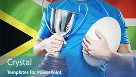  Presentation with golf player playing - Slide deck with reflection identity - rugby player holding trophy background and a ocean colored foreground