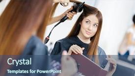  Presentation with beautician - Presentation design featuring reflection of beautician doing hair style for woman in hairdress salon concept of fashion and beauty background and a ocean colored foreground