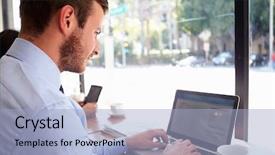  Presentation with coffee shop - PPT layouts featuring reflection person - businessman using laptop in coffee background and a light blue colored foreground