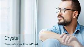  Presentation with denim - Cool new PPT layouts with reflection person - calm man in denim shirt backdrop and a sky blue colored foreground