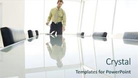  Presentation with conference table - Beautiful slide deck featuring reflection standing at conference table backdrop and a sky blue colored foreground