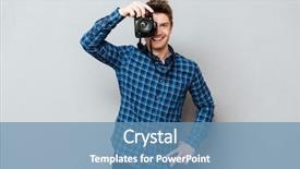  Presentation with camera - Slides featuring reflex action - smiling man photographer with camera background and a teal colored foreground