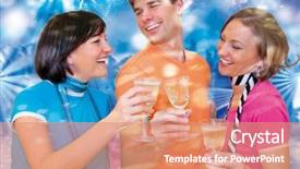  Presentation with party invitation gold - Beautiful slide deck featuring reflex action - three friends making party backdrop and a  colored foreground