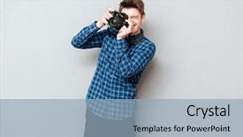  Presentation with reflex - Presentation having reflex action - young man with camera making background and a light blue colored foreground