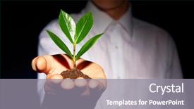  Presentation with green officebuilding man - Beautiful theme featuring reforestation - man holding a green sprout backdrop and a gray colored foreground