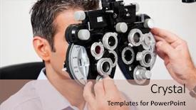  Presentation with optometrist - PPT theme consisting of refraction - optometrist adjusting panels of phoropter background and a coral colored foreground