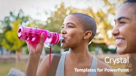  Presentation with benefits of drinking water - Amazing slide set having refreshments - sporty woman drinking water backdrop and a coral colored foreground