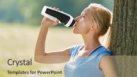  Presentation with eating fish and drink water from pollution oceans - Theme with refreshments - thristy woman drinks water background and a  colored foreground